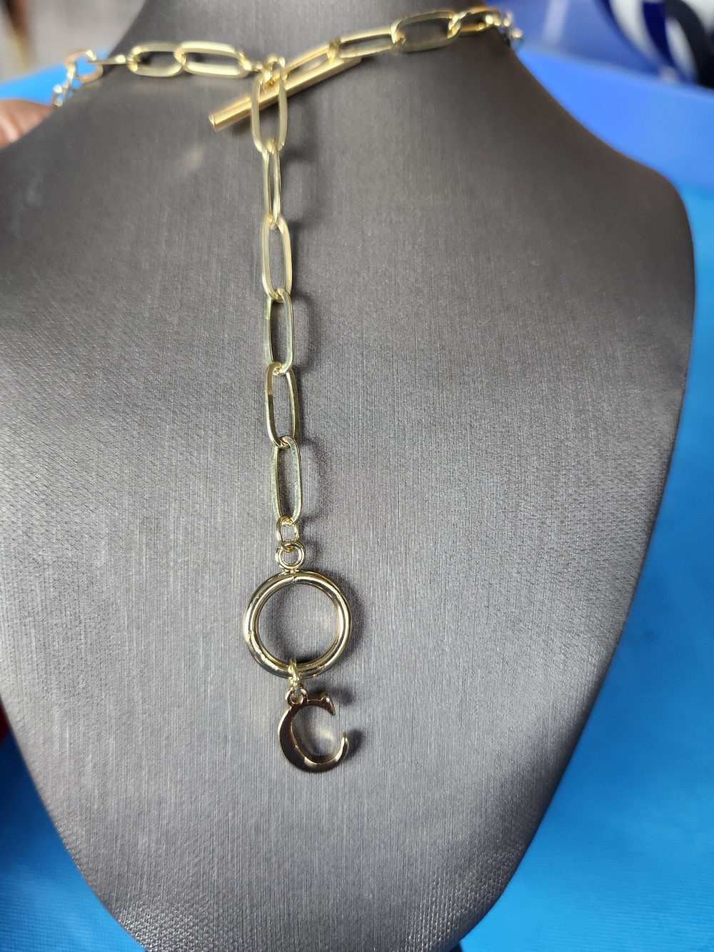 Gold Chain Toggle Necklace with 'C' Charm